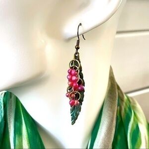 2/$29 Handmade Long Feather Leaf Statement Earrings Pink Green Patina
